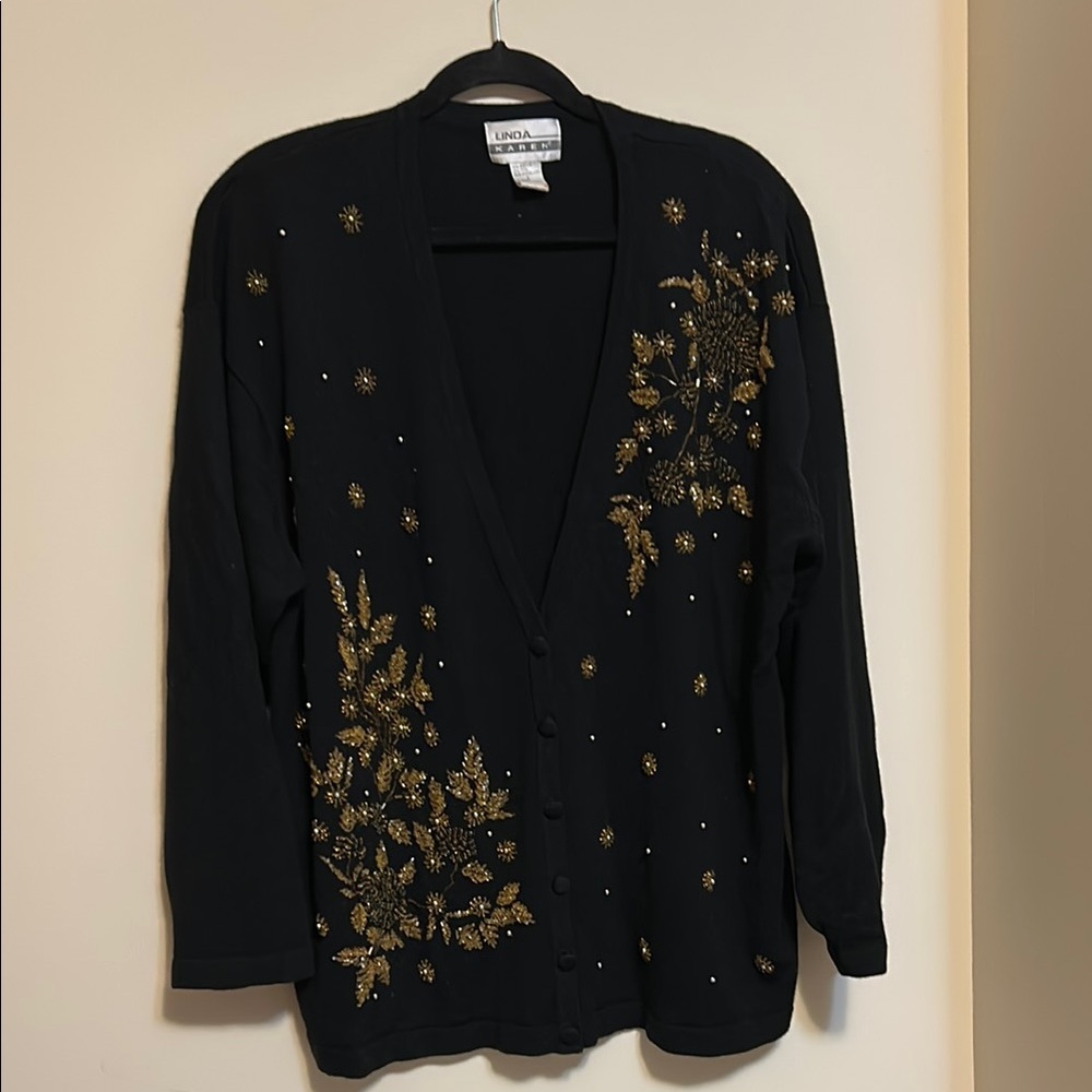 Black and Gold Asymmetrical Cardigan Sweater